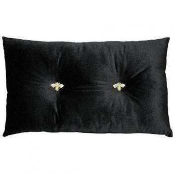Bumble Rectangular Bee Scatter Cushion - Black - Faux Velvet Look and Feel - Jewelled Metal Bee Buttons - Polyfilled - 100% Polyester - 30 x 50cm