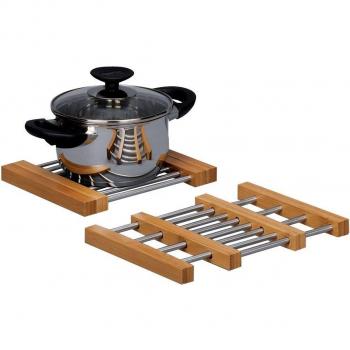 Zeller Küchenorganizer Set – Ausziehbarer Topfuntersetzer in Bambus/Edelstahl, Silber, 23,5–39,5 × 20 cm