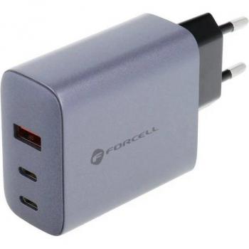 Forcell VT‑42B GaN Travel Charger – 2 × Type‑C + USB‑A PD QC 4.0, 4 A, 65 W – Grau