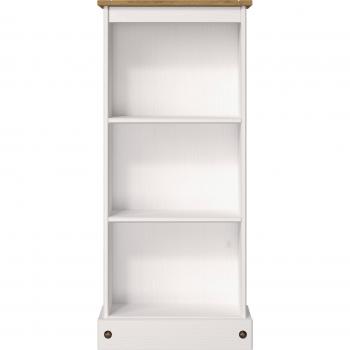 Corona White Low Narrow Bookcase - White washed wax & antique wax