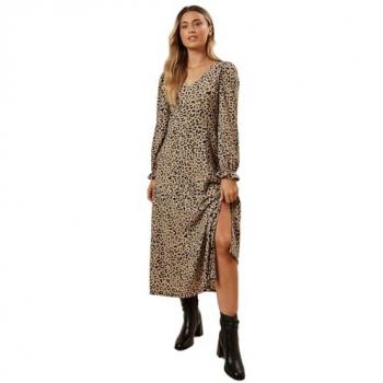 Leopard Print Long Sleeve Midi Dress for Women - Size 10