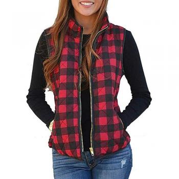 Chaleco Plaid Grueso con Solapa y Cremallera Mujer
