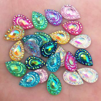 100PCS AB Resin 7mm x 12mm Peacock Teardrop Flatback Rhinestones Wedding Decor DIY Appliques SK21