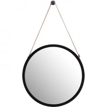 Adjustable Leather-Strapped Bamboo Frame Round Mirror for Walls (Black, 15 Inches)