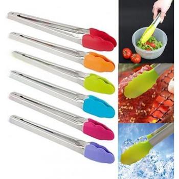 Kitchen Silicone Tongs with Stainless Steel Grip - Random Color