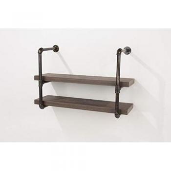 Loft Home Studio Double Wall Shelf with Pipe Design Brackets - Dark Oak & Brass, 60cm