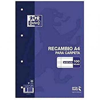 Recambio A4 100 hojas 4 taladros 90g pauta 3,5 cm Oxford