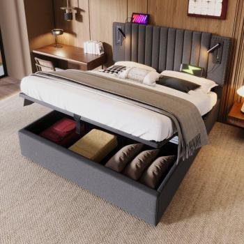 Letto Dormitorio Imbottito 180x200 cm con Rete a Doghe e Illuminazione USB