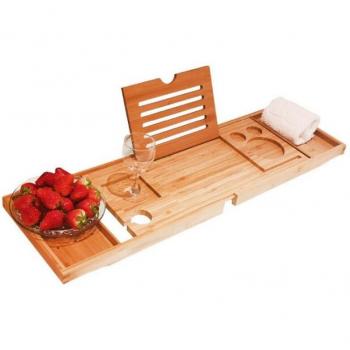Bamboo Bathtub Tray with Retractable Book and Cup Holder
