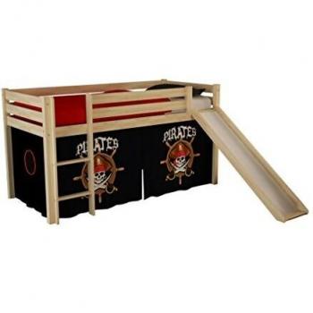 Lit toboggan 90x200 cm avec tente pirate noir pin massif clair Pino