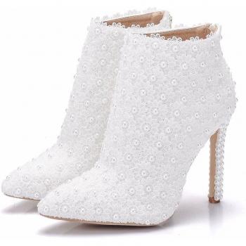 Women's White Leather Ankle Boots with High Heels and Lace Pearls
