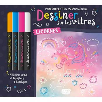 Dessiner sur les vitres : mon coffret de feutres craie - licornes
