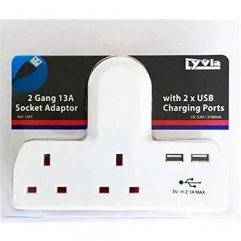 Dencon T-Shape Socket 2 Way Adapter 13A Fused with USB