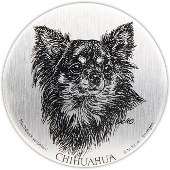 Silberne, selbstklebende Chihuahua-Emblem für Fahrzeug – Wetterbeständig