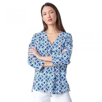 Geometric Pleated Button Detail V-Neck Top