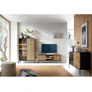 Lomadox Wohnzimmer-Set SIBARI-160, (Mega-Spar-Set, 3-St., 3-tlg), Kommode, Highboard, TV-Lowboard, schwarz, Wotan Eiche Nb., grifflos
