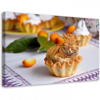 Küchenkunst Leinwand „Rote Katze Cupcake‑Genuss“ 60 x40 cm – Orange