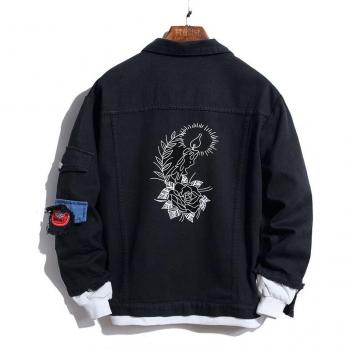 Neue Männer Lässige Blume Druck Schwarz Denim Jacke mit Vogel Stickerei