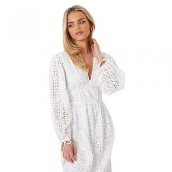 White Cotton Petite Broderie Tie‑Front Puff Sleeve Midi Gown