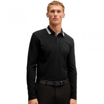 Polo BOSS Plisy negro para hombre, 50506191, Casual, Algodón, Manga larga