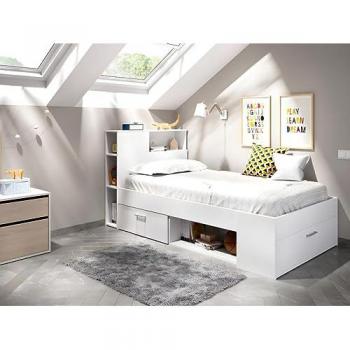 Cama con cabecero con compartimentos - 90 x 190 - blanco + somier - Leandre