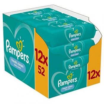 Pampers Fresh Clean Wet Wipes for Kids, Sensitive Skin, 12 packs of 52 wipes