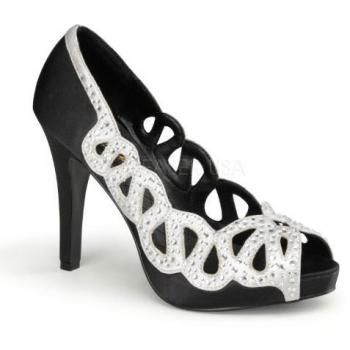 Pin Up Couture AVA-12 Black and Silver Satin Heeled Pump with Ankle Strap - UK Size 7