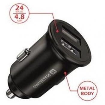 SWISSTEN nabíječka do auta 2x USB 4,8A metalická černá