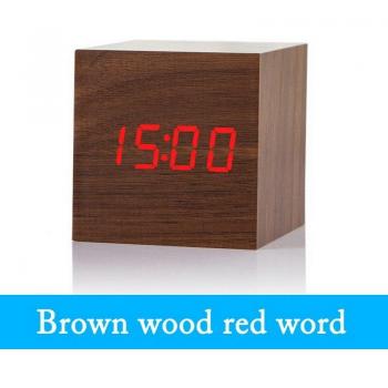 Small Square Digital LED Alarm Clock with Voice Control and Snooze, Wood Retro Style, Desk Decor