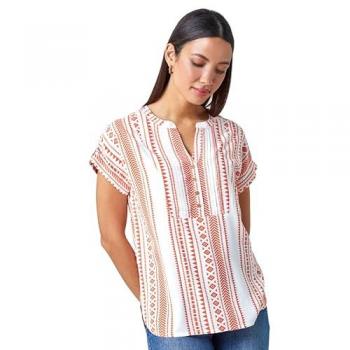 Aztec Print Button V-Neck Detail Top