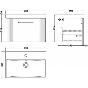 1 Drawer Wall Hung Vanity Unit with Thin-Edge Basin - 600mm - Satin Grey