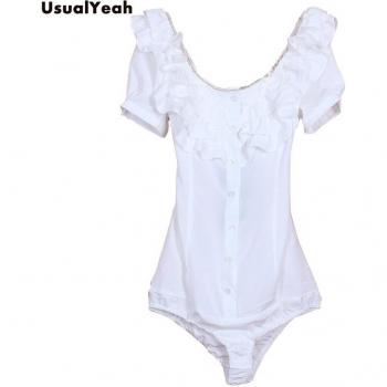 Camisa de mujer OL con volantes y cadenas metálicas, manga corta, cuello redondo S-M-L-XL