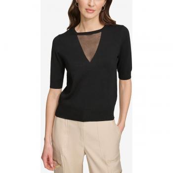 DKNY Women's Black Short Sleeve Mesh V-Neck Top - Size S