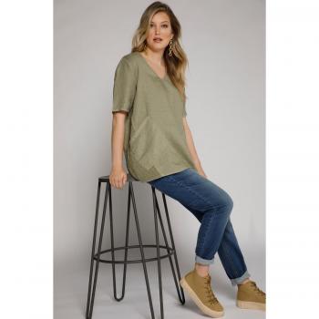 Camicetta oversize in lino con inserti in pizzo a V, Donna, Verde, Taglia 48/50