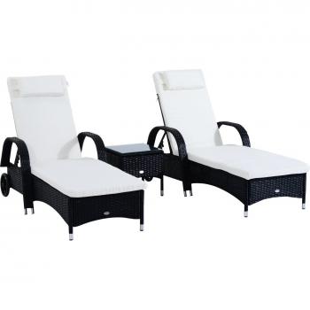 Set Prendisole da Giardino in Rattan con Materassino e Tavolino, 2 Lettini Sdraio Imbottiti, Nero