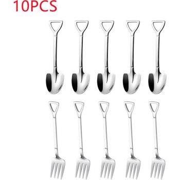 Set de 10 cuillères sucrées charmantes – mini cuillère à café en forme de pelle rétro, tête carrée, petite cuillère à glace, fourchette, métal inoxydable