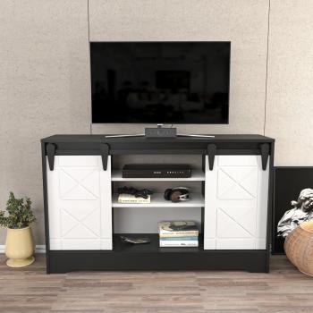 Nisay 140 Cm TV Unit TV Stand TV Console with Open Shelves and Cabinet - Dark Grey and White