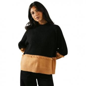 Colour Block High Neck Jumper with Fringe Detail