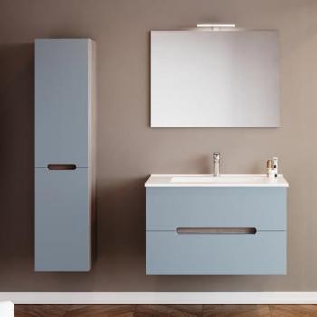 Inbagno - Mobile bagno sospeso 80 rovere fumo e blu pastello con lavabo e specchio Iris
