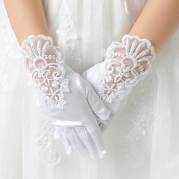 Girls Formal Etiquette Dance Gloves - White Mesh with Bow