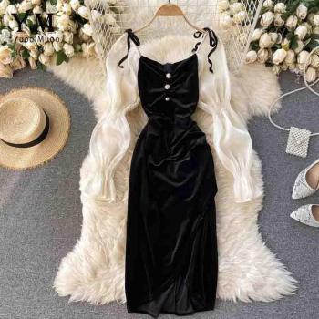 Luxury Velvet and Chiffon Puff Sleeve Ruched Bodycon Dress for Women by YuooMuoo