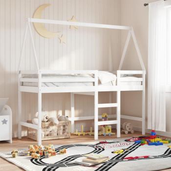 Letto Soppalco con Scala e Tetto in Pino Massello 90x190 cm Bianco