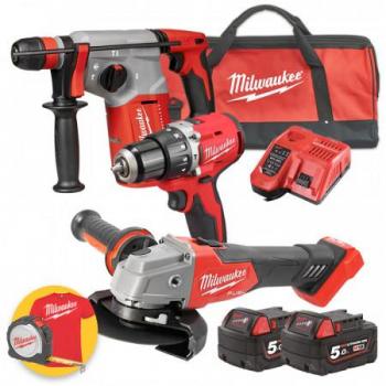 M18 PPA3-502 - KIT TASSELLATORE + TRAPANO A PERCUSSIONE + SMERIGLIATRICE + 2 BATTERIE 5AH + CARICABATTERIE + BORSA - MILWAUKEE
