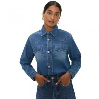 Mid Wash Denim Fitted Western Shirt - Women's Size S
