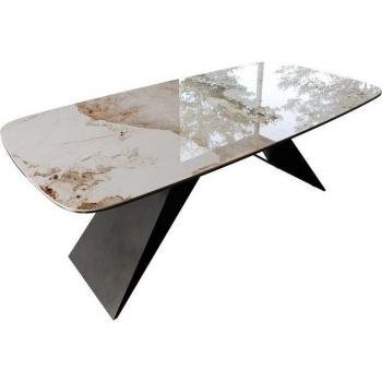 DELIFE Esstisch Edge Boot – 200 × 100 cm, Keramik Minas Melange in Weiß‑Beige, V‑Gestell aus schwarzem Flachstahl