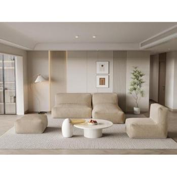 Canapé d’angle modulable à fauteuil et pouf – Velours côtelé beige Noumara