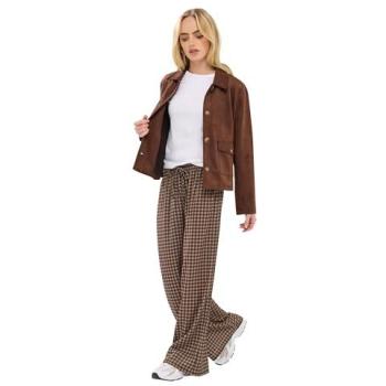 Brown Check Petite Wide‑Leg Trousers – PixieGirl