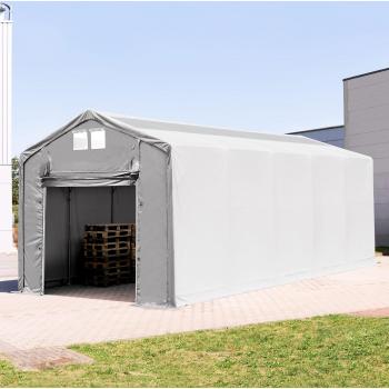 ToolPort 4×12 m Industrial Shade Shelter – 3‑m Side Panels, Roll‑Up Gate, Skylight Windows – Grey (PVC 850)