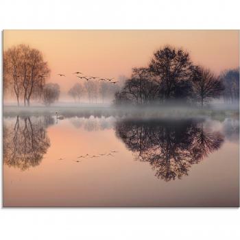Glasbild ARTLAND „Früh morgens am See…“, orange – B80 cm × H60 cm