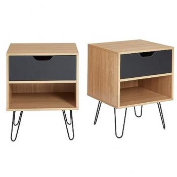 Lot de 2 tables de chevet - BAÏTA - Gamme DUO - Effet chêne et métal noir - L 40 x P 34 x H 50 cm